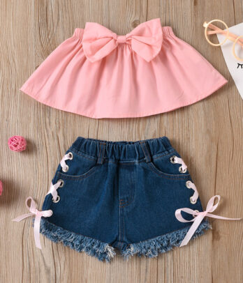 Ensemble de short en jean et haut décolleté rose à nœud pour fillettes