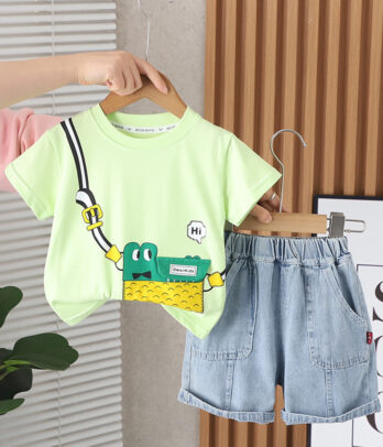 Ensemble de T-shirt vert pastel imprimé et short en jean