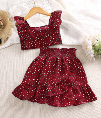 Ensemble de jupe style rideau et crop top grenat à petits pois