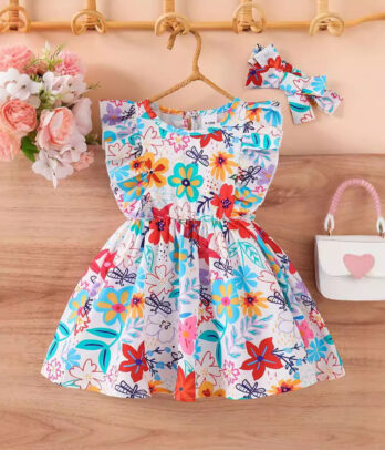 Robe bleue florale avec bandeau de tête