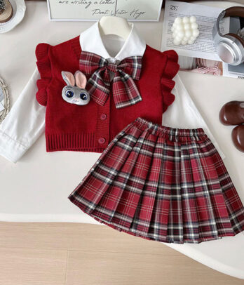 Ensemble de cardigan tricoté de couleur rouge pour fille