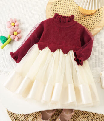 Robe de princesse bordeaux avec jupon en tulle vaporeux, manches longues et ruban satin, parfaite pour fêtes, mariages ou séances photo féeriques.