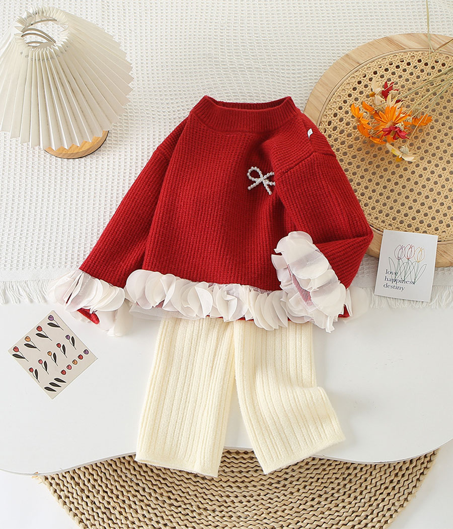44224 (5) 15- Ensemble de pantalon beige et pull rouge en laine – Image 1