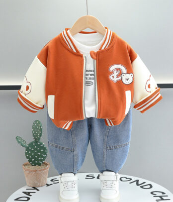 Ensemble enfant teddy orange et jean décontracté, look college US idéal mi-saison
