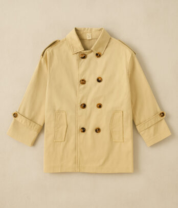 Trench coat beige pour garçons, élégant et confortable, avec coupe droite, boutonnage croisé et poches pratiques, parfait pour l’automne et les occasions habillées.