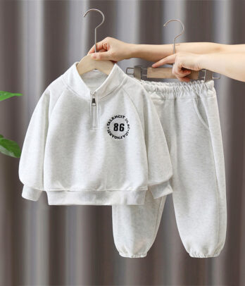 Set de jogging fille 2 pièces gris chiné, sweatshirt manches longues et pantalon taille élastique, confortable et extensible pour la maison ou le sport.