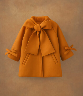 Manteau fillette camel avec grand nœud décoratif à l’encolure et aux poignets, manches longues, coupe droite et matière douce pour l’automne et l’hiver.
