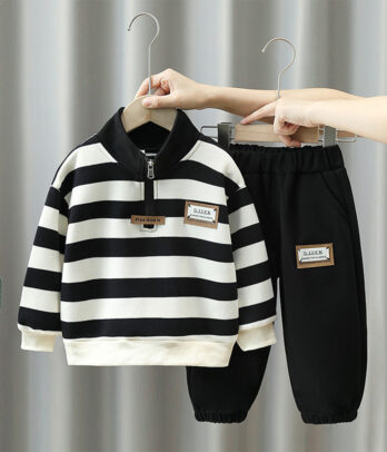 Ensemble garçon noir et blanc : haut manches longues et pantalon casual à taille élastique, confortable et stylé pour école, sorties ou détente.