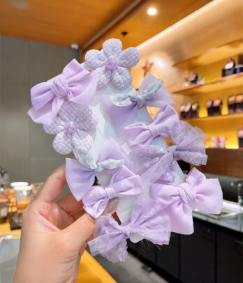 Lot de 10 Barrettes pour fille en noeuds & fleurs en tulle et gaze - 16321-Violet