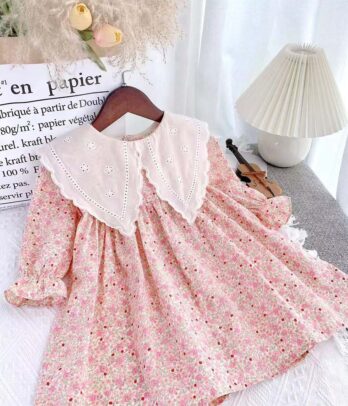 Robe fille à imprimé fleuri, col brodé blanc avec bord festonné, manches longues bouffantes, coupe évasée fluide, fermeture arrière discrète, tissu léger.