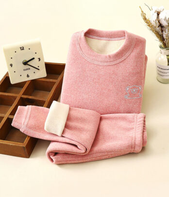 Ensemble fille 2 pièces en polaire rose poudré, haut et pantalon à taille élastique, broderie délicate, chaud, doux et facile à entretenir pour l’hiver.