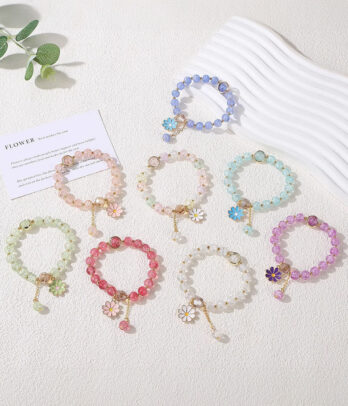 Bracelets Fille de perles Cristal & Pendentif Fleur Émaillée