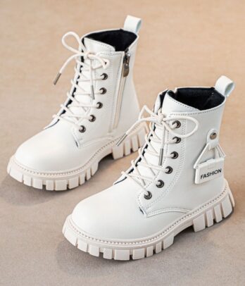 Chaussures décontractées blanc cassé pour fille, en simili cuir ou toile, avec fermeture à lacets et zip, semelle antidérapante et intérieur doux.
