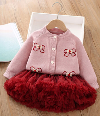 Ensemble Fille – Gilet Rose à Nœuds & Jupe Tutu Rouge