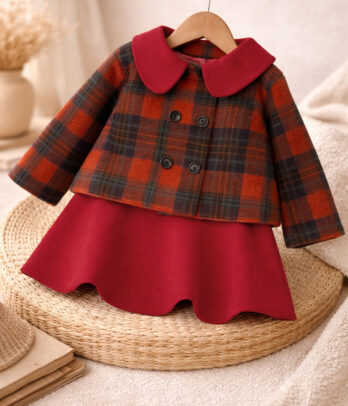 Ensemble 2 pièces fille – veste à carreaux & robe rouge