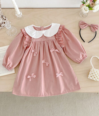 Robe fille rose à nœuds col blanc chic