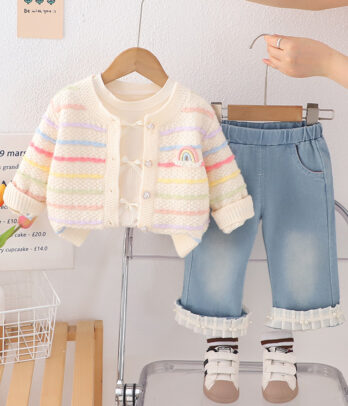 Ensemble fille cardigan crème arc-en-ciel & jean volanté