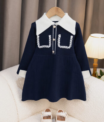 14436 Robe Fille Chic – Blue nuit avec Col Blanc & Boutons Perles MAZYOUD