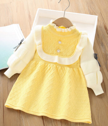 Robe Fille – Maille Jaune Pastel à Volants