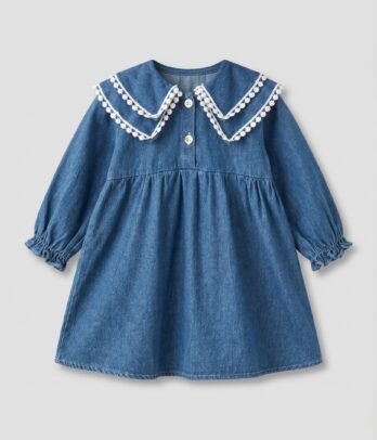 Robe fille en jean à col galonné chic