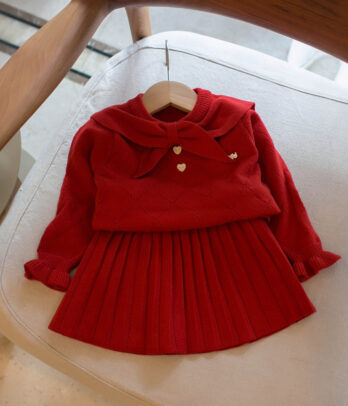 Ensemble tricot & jupe rouge fille – Élégance festive