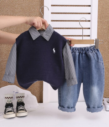 Ensemble garçon chemise rayée & Pull sans manches avec jean