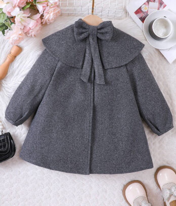 Manteau Fille – Gris Élégance à Nœud au Col