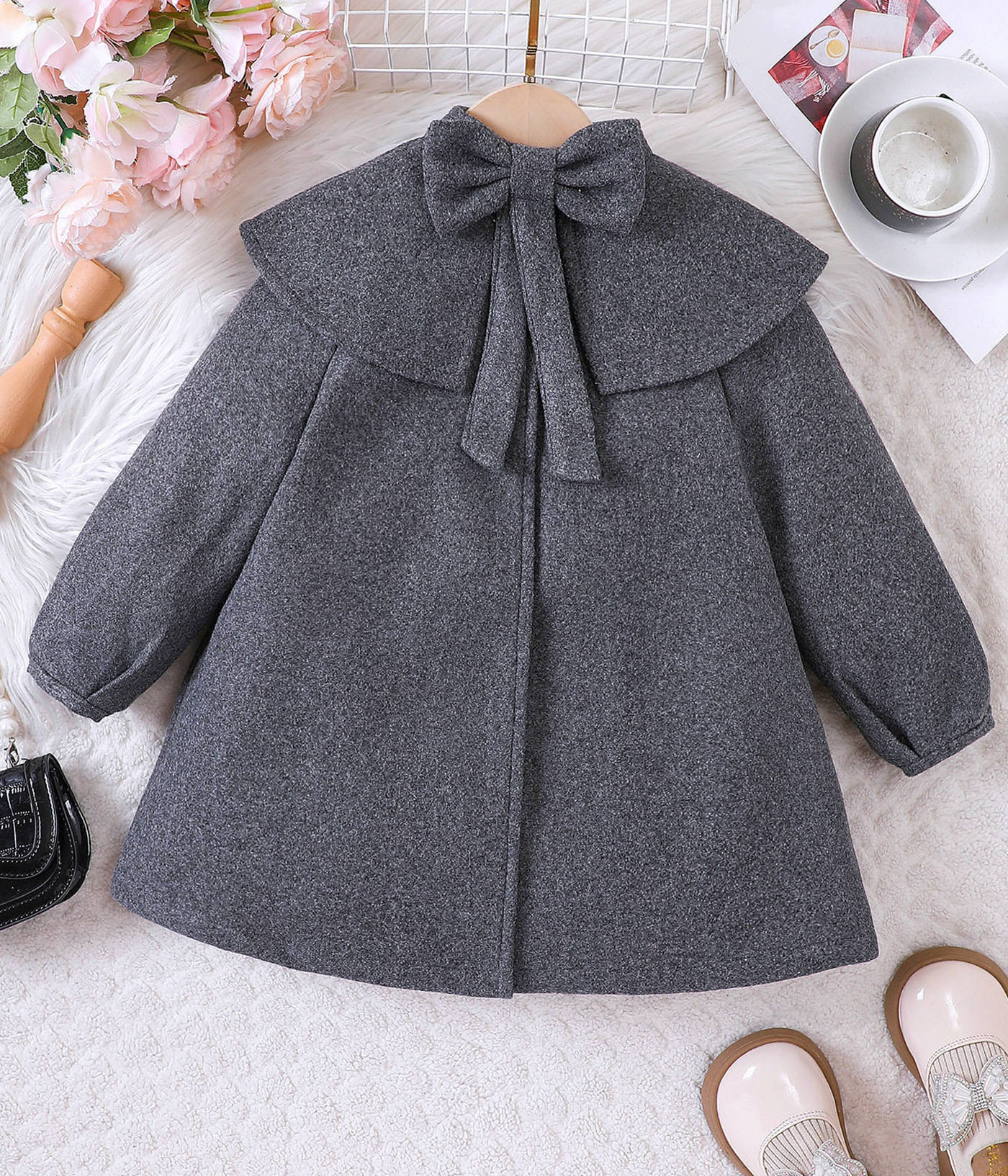 24793 (4) Manteau Fille – Gris Élégance à Nœud au Col – Image 1
