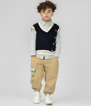 26363 Ensemble garçon chemise rayée & gilet sans manches avec pantalon beige MAZYOUD