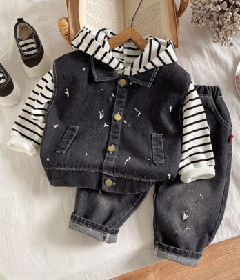 Ensemble Garçon – Veste Denim Noir & Sweat Rayé