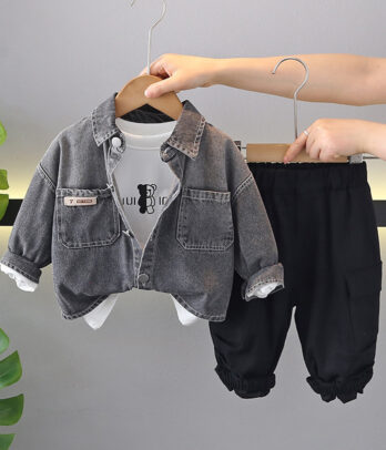 Ensemble 3 pièces de Chemise en Jean Gris & Pantalon Noir Street Style