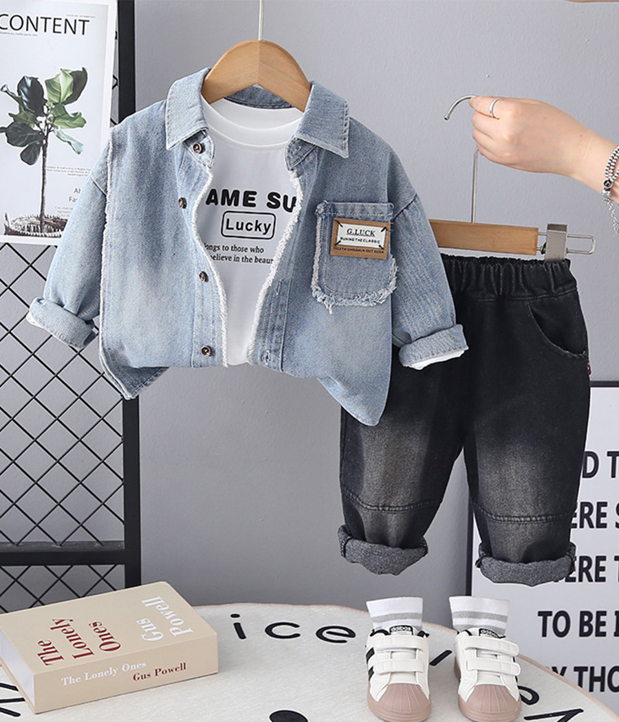 35889 Ensemble garçon chemise en jean bleu clair & pantalon noir – Image 1