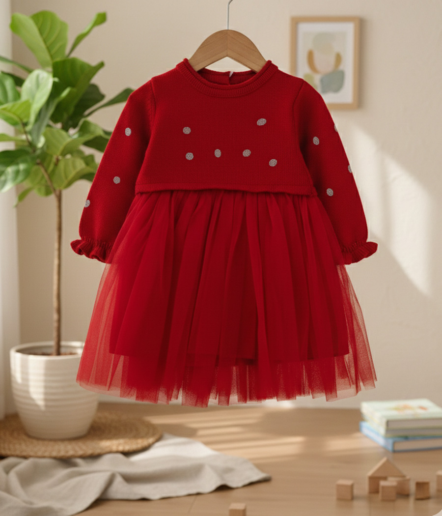 35915 Robe fille rouge à pois brillants & jupe en tulle – Image 1