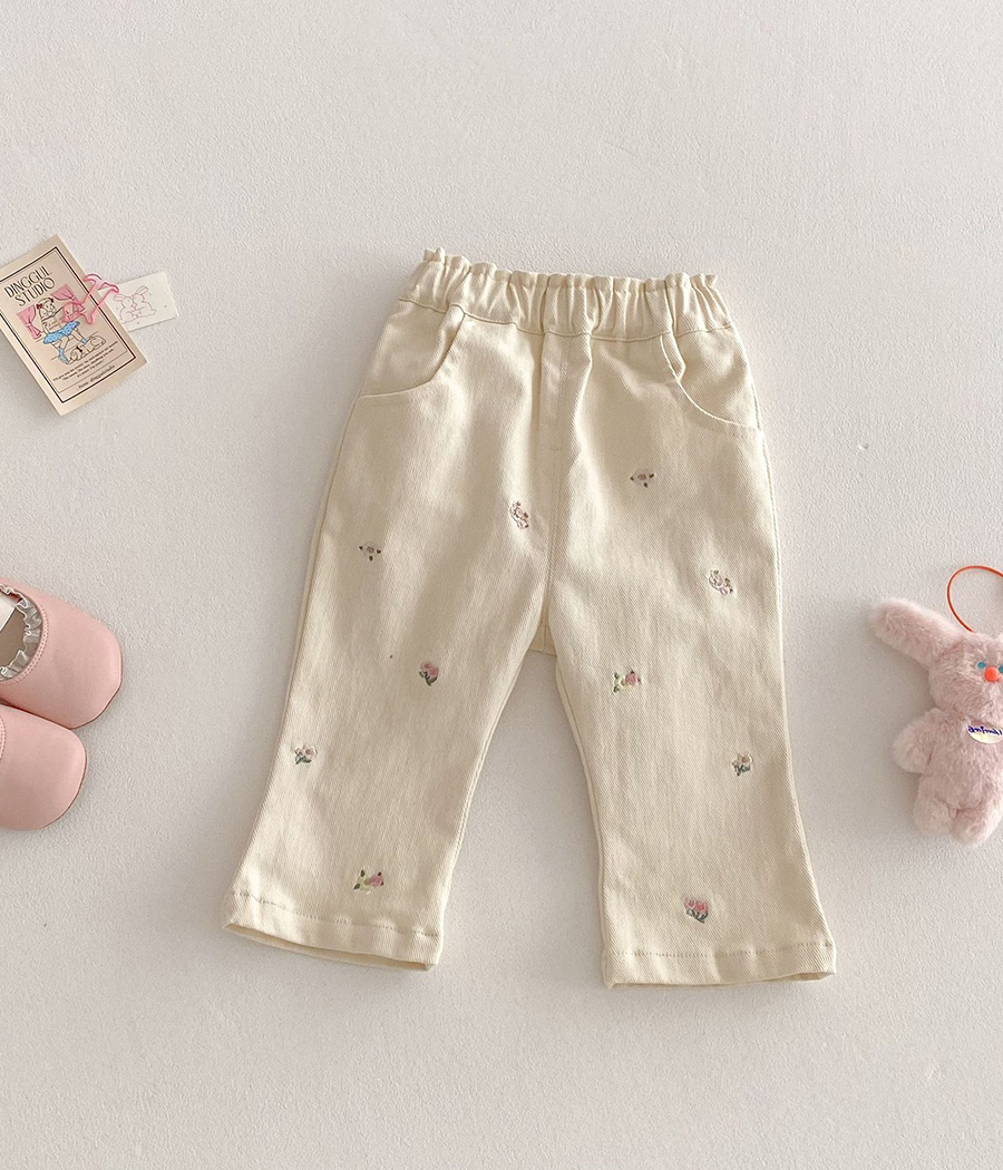 37741--- Pantalon Fille Crème – Broderies Florales – Image 1