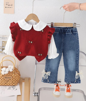 Ensemble fille chic rouge et jean perlé