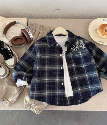 Chemise Garçon – Carreaux Bleu Nuit en Coton Doux