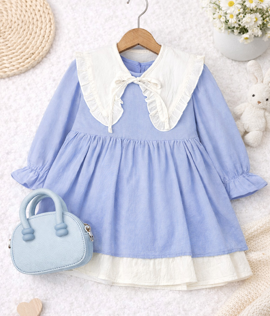 39418 Robe fille bleu ciel col blanc volanté – Image 1