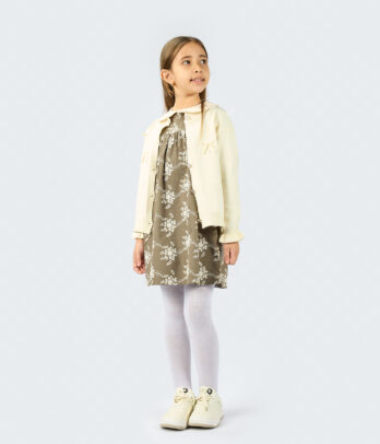 39551 Ensemble Fille – Robe Verte Fleurie & Gilet Crème MAZYOUD