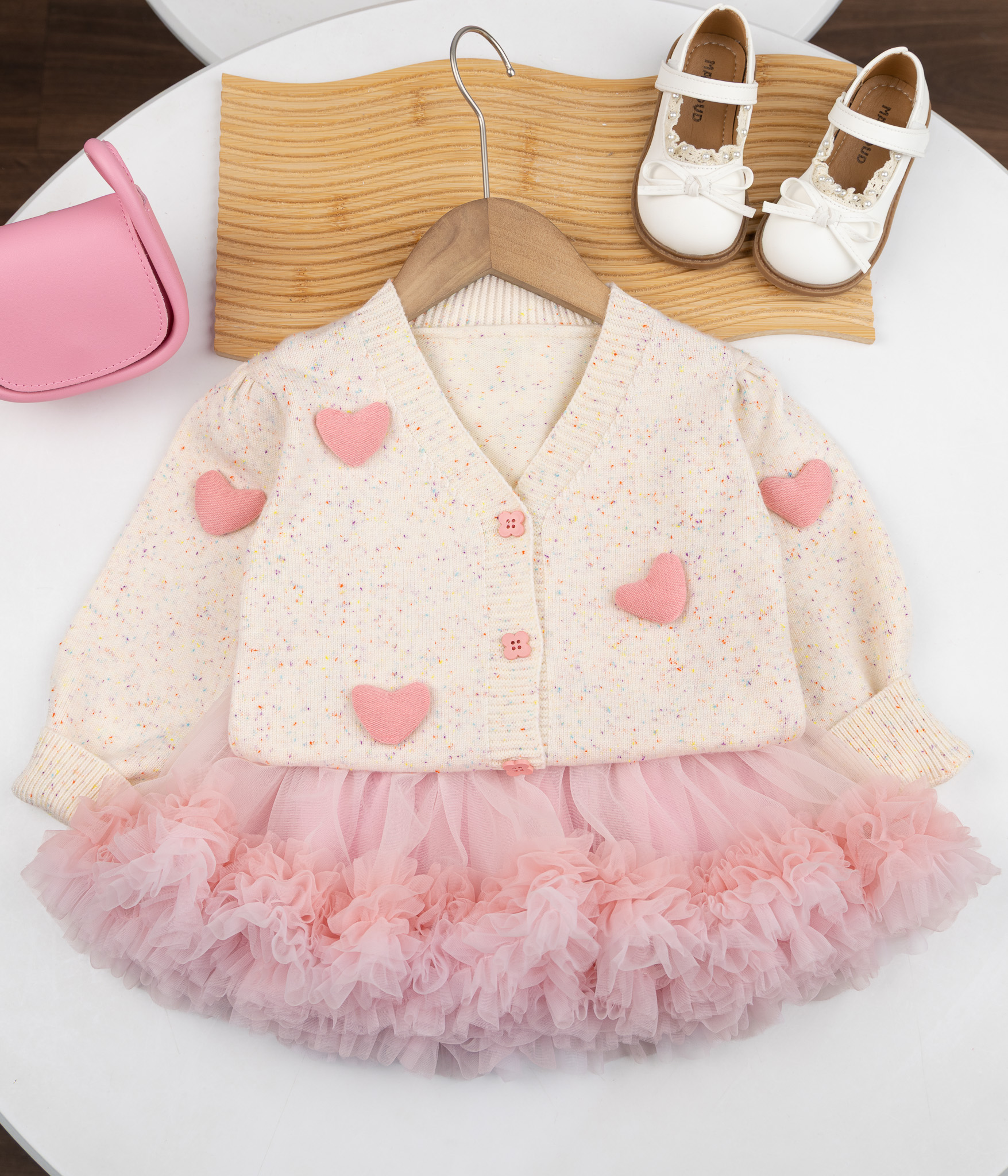 397240 Cardigan à cœurs & jupe en tulle vaporeuse rose tendre – Image 1
