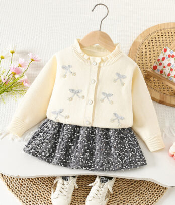 Ensemble 2 pièces Fille – Gilet brodé Jupe à motifs