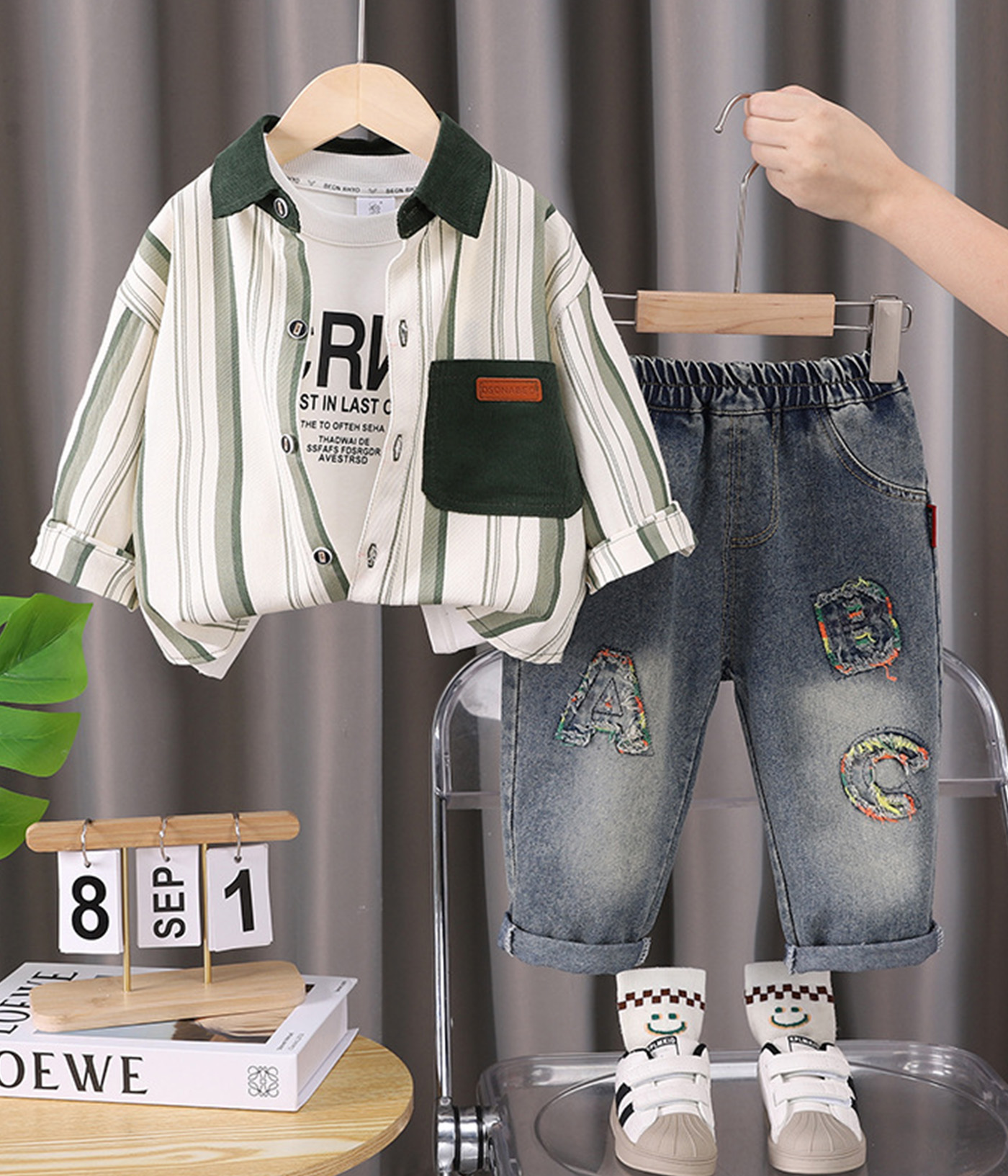 43869 Ensemble garçon – Style urbain vert & denim – Image 1