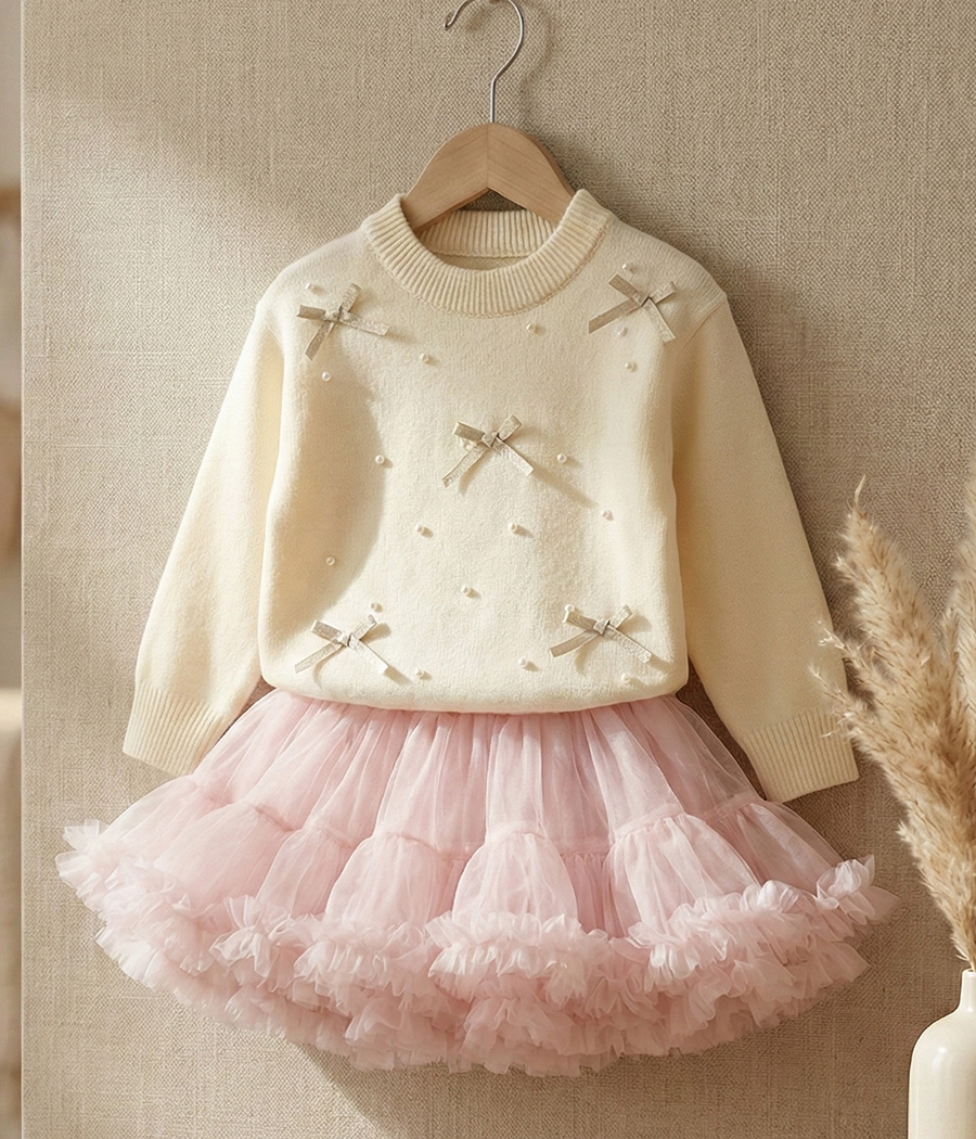 44824 54- Robe Fille – Pull Perlé & Jupe Tutu Rose – Image 1