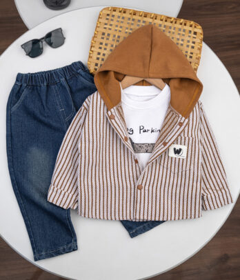 Ensemble garçon chemise rayée camel & jean délavé