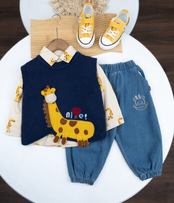 Ensemble garçon chemise girafe & gilet bleu marine avec jean