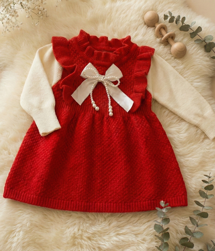 52746 Robe fille rouge perles et nœud chic – Image 1