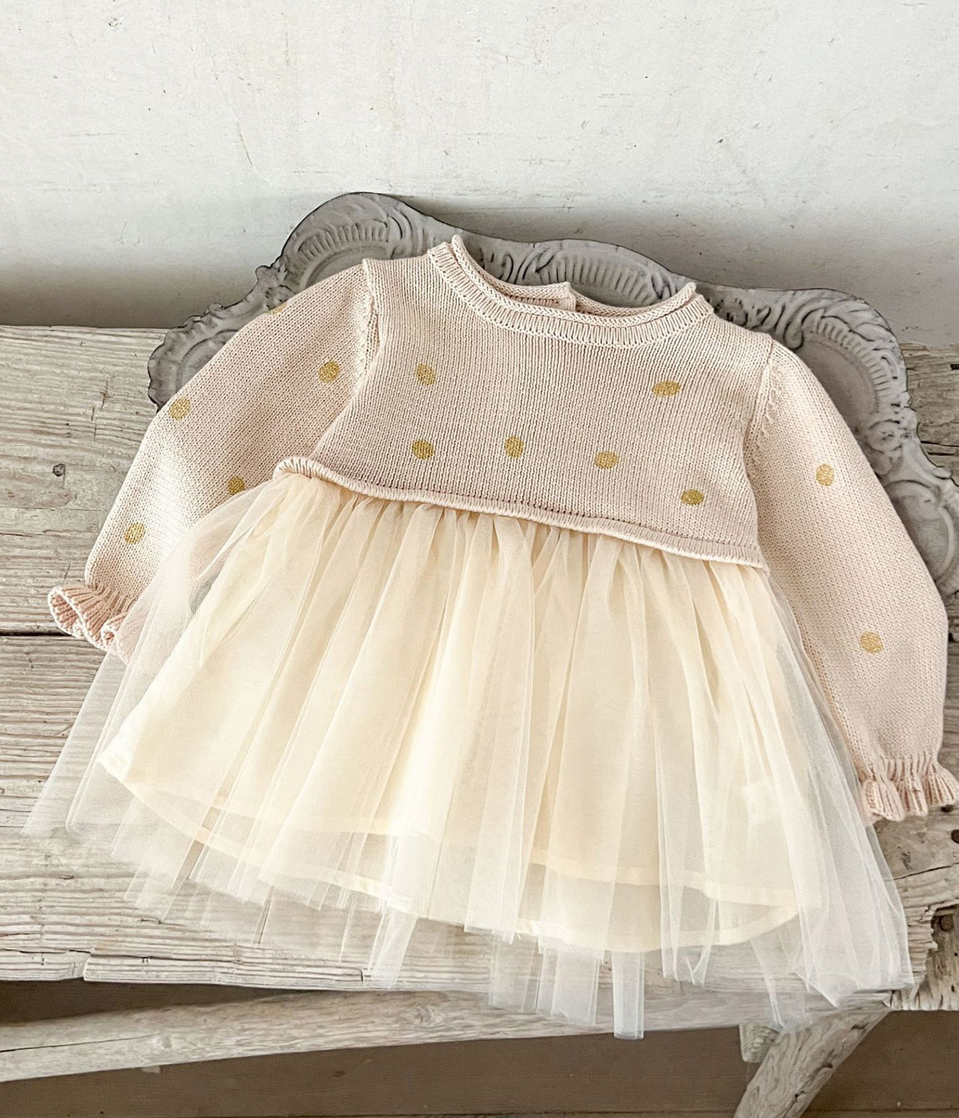 53331 (2) Robe fille beige à motifs dorés & jupe en tulle crème – Image 1