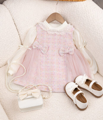 53514 Ensemble Fille – Robe Tweed Rose & Pull Blanc Élégant MAZYOUD
