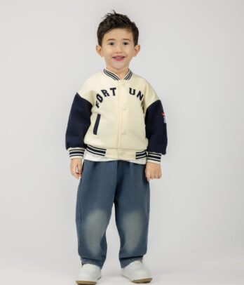 Ensemble de 3 Pièces garçon style varsity crème & jean délavé