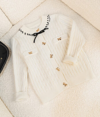 54725 Cardigan blanc fille chic style chanel à nœud noir MAZYOUD