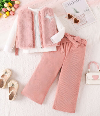 Ensemble fille – Gilet fausse fourrure et pantalon velours rose poudré